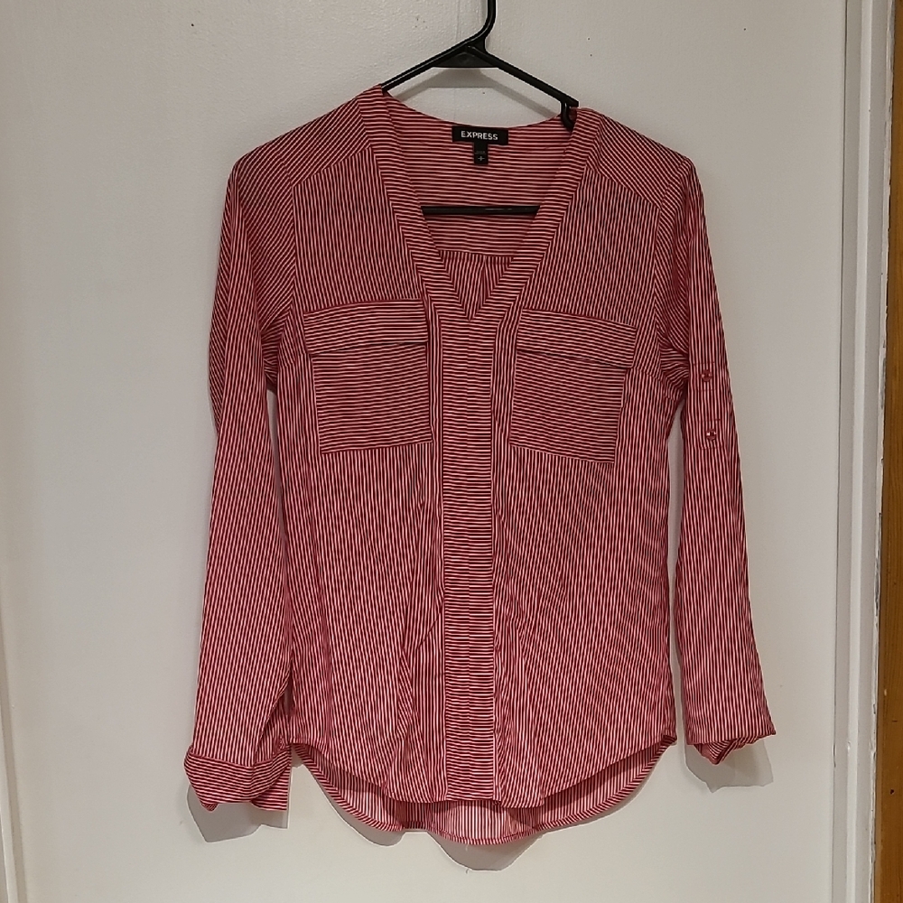 Express Women's Red and White Striped Button Down Shirt